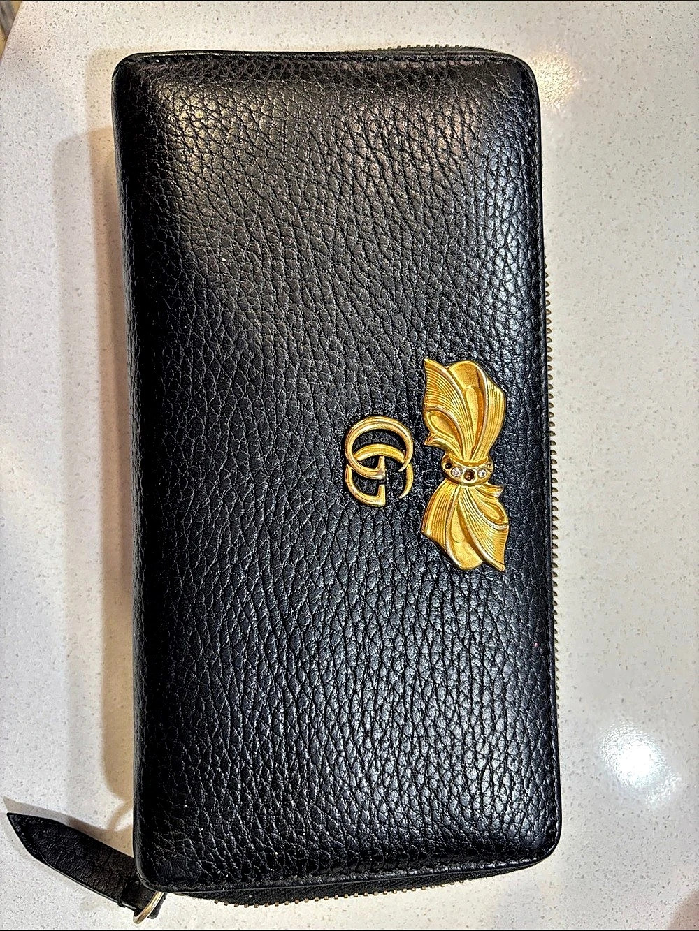 Women’s Gucci GG Marmont Bow Zip Around Continental Wallet Black & Pink
